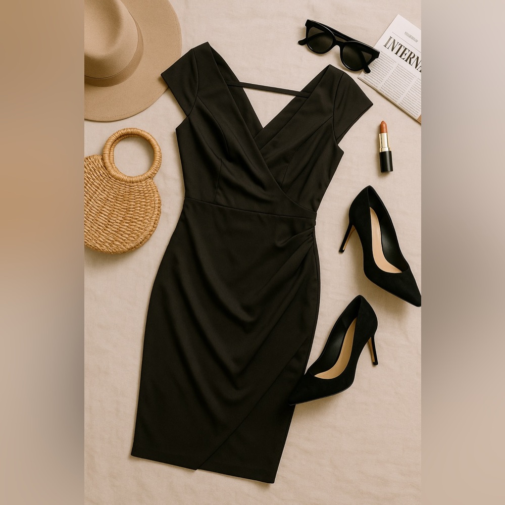 Maggie London Black V-Neck Cap Sleeve Cocktail Dress Size 6